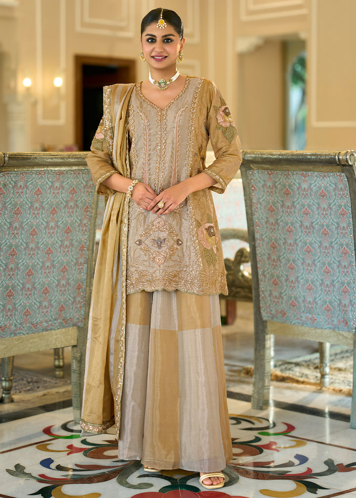 Champagne Gold Viscose Kanjivaram Silk Palazzo Suit Set with Fine Embroidery