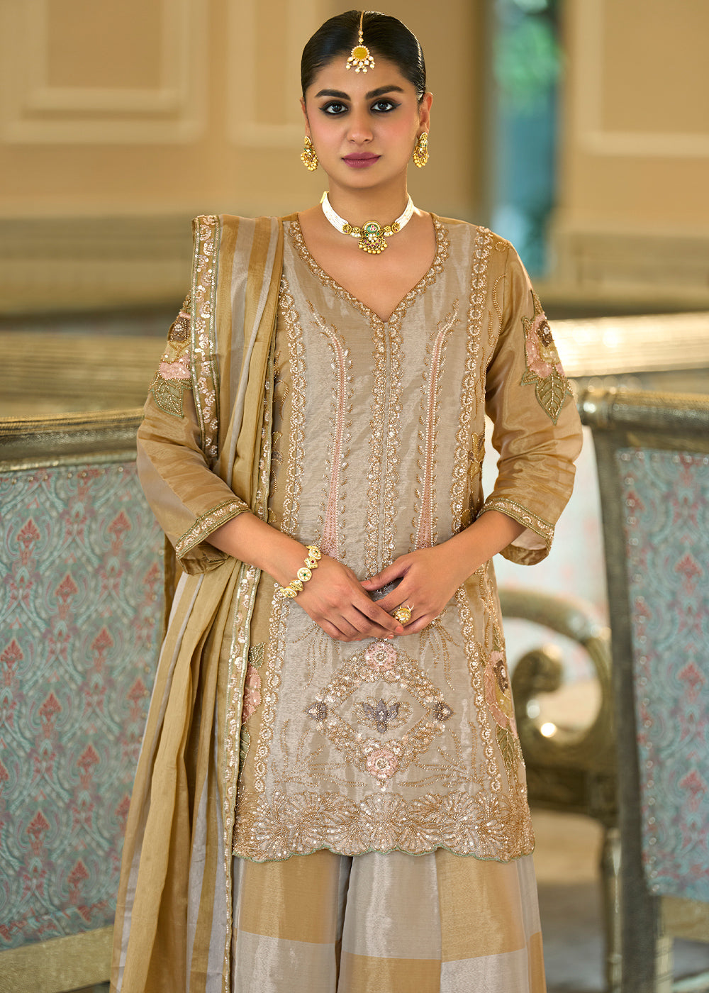 Champagne Gold Viscose Kanjivaram Silk Palazzo Suit Set with Fine Embroidery
