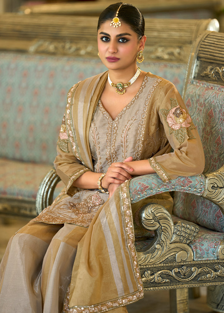 Champagne Gold Viscose Kanjivaram Silk Palazzo Suit Set with Fine Embroidery