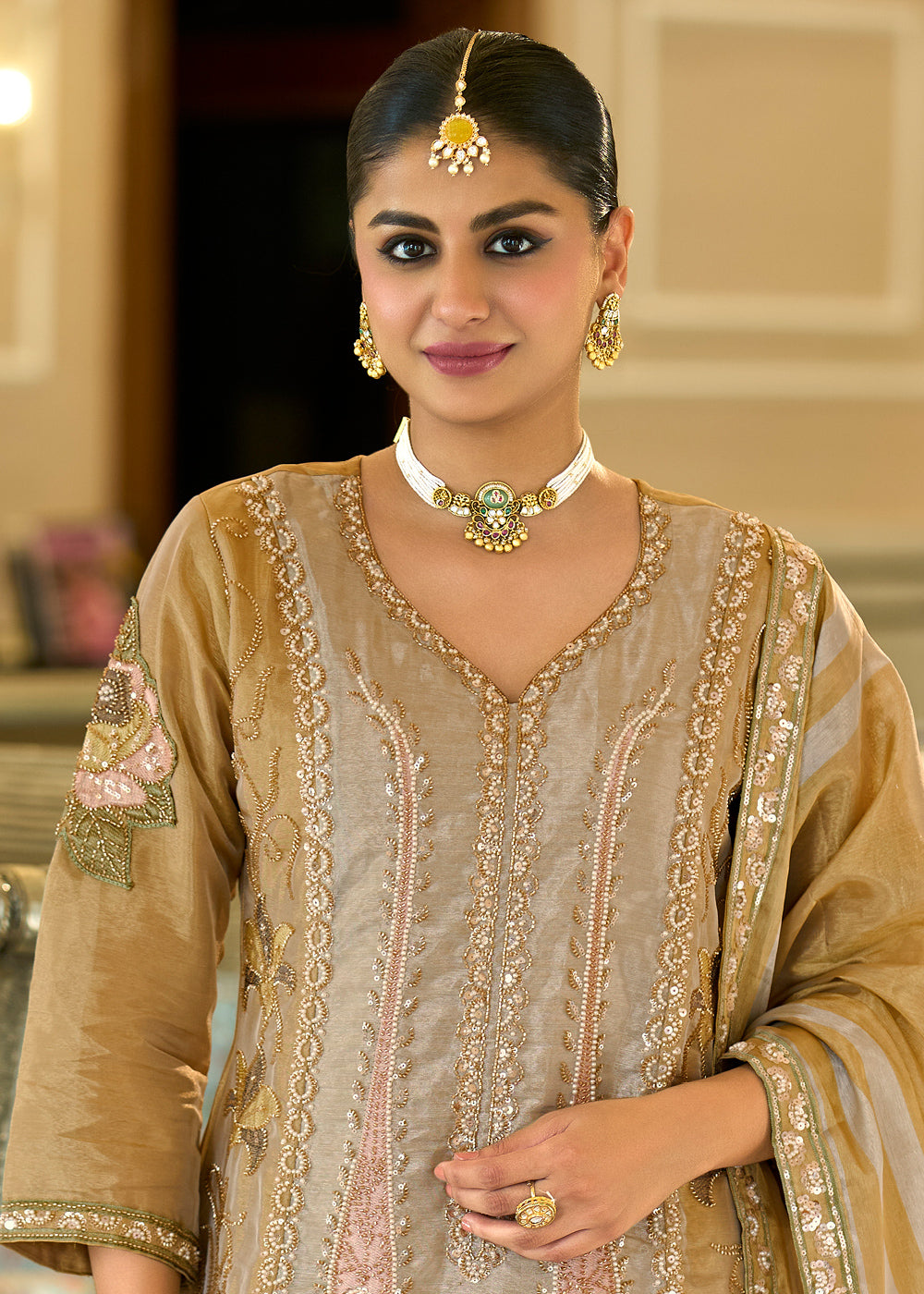 Champagne Gold Viscose Kanjivaram Silk Palazzo Suit Set with Fine Embroidery