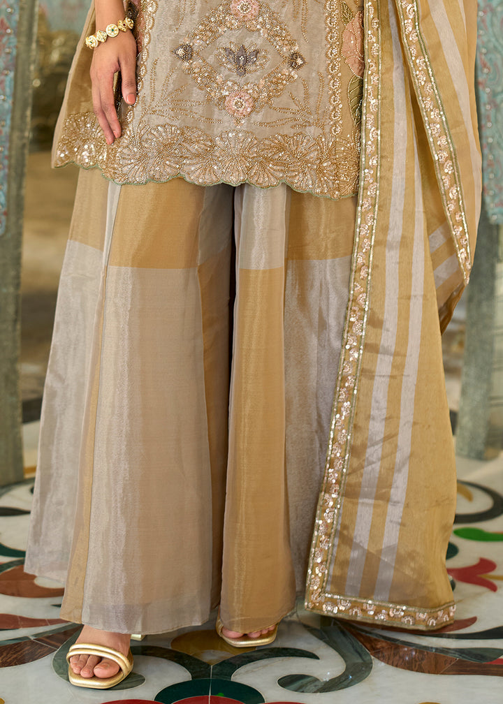 Champagne Gold Viscose Kanjivaram Silk Palazzo Suit Set with Fine Embroidery
