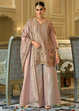 Dusty Rose Pink Viscose Kanjivaram Silk Palazzo Suit Set with Fine Embroidery