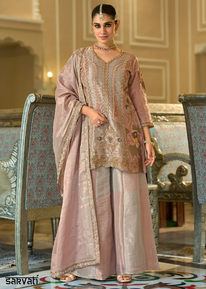 Dusty Rose Pink Viscose Kanjivaram Silk Palazzo Suit Set with Fine Embroidery
