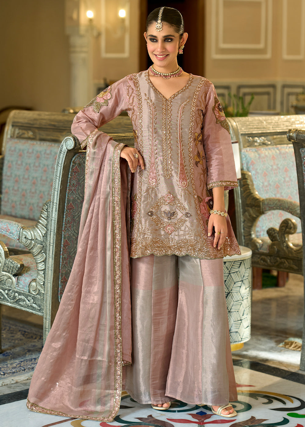Dusty Rose Pink Viscose Kanjivaram Silk Palazzo Suit Set with Fine Embroidery