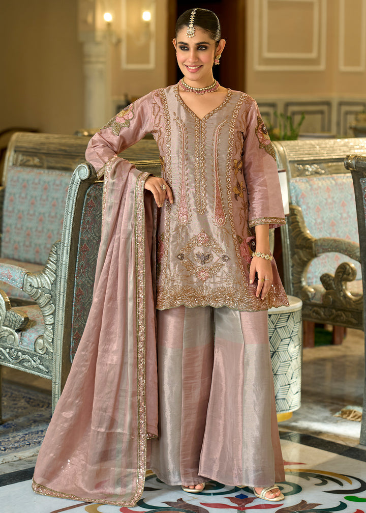 Dusty Rose Pink Viscose Kanjivaram Silk Palazzo Suit Set with Fine Embroidery