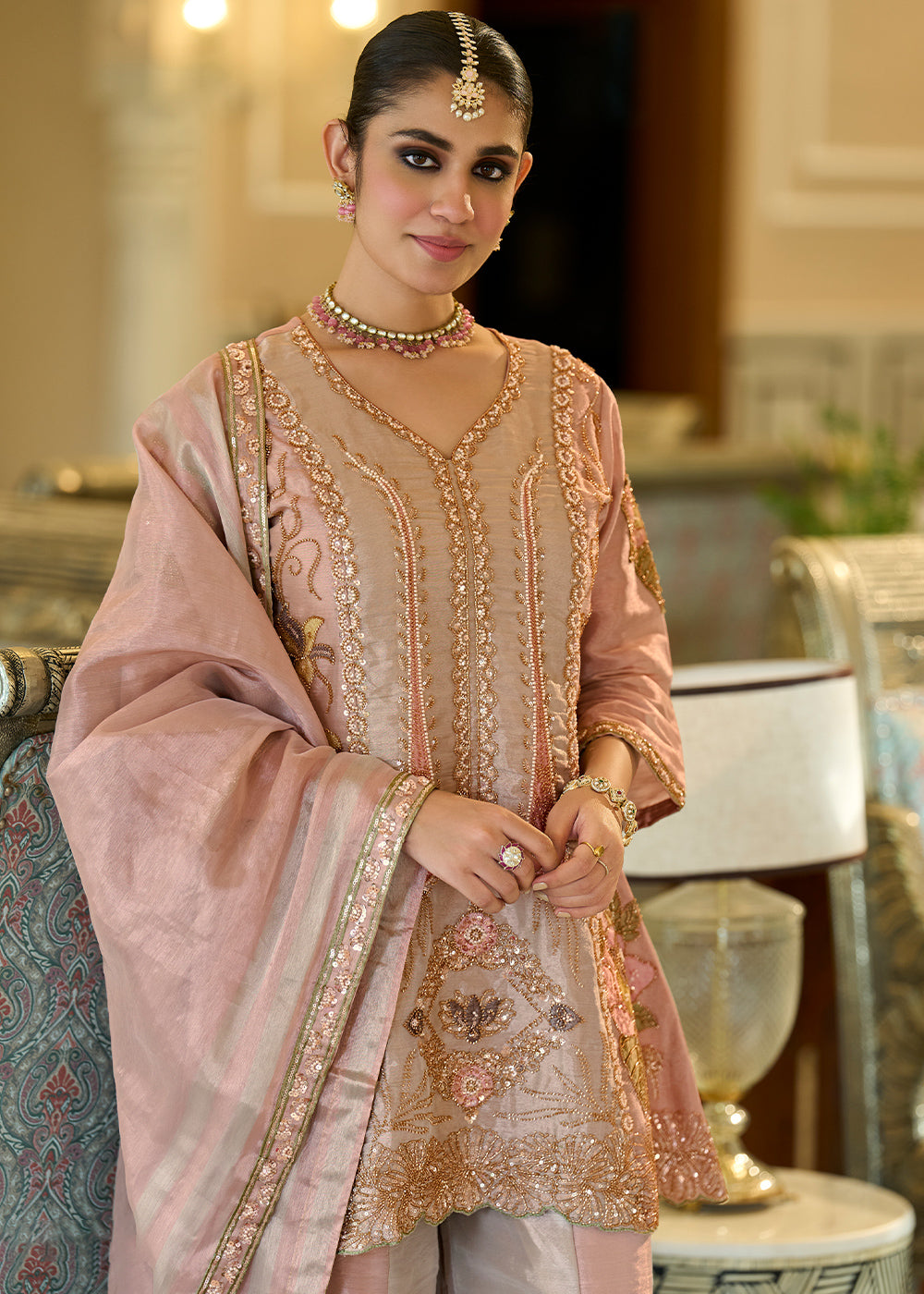 Dusty Rose Pink Viscose Kanjivaram Silk Palazzo Suit Set with Fine Embroidery