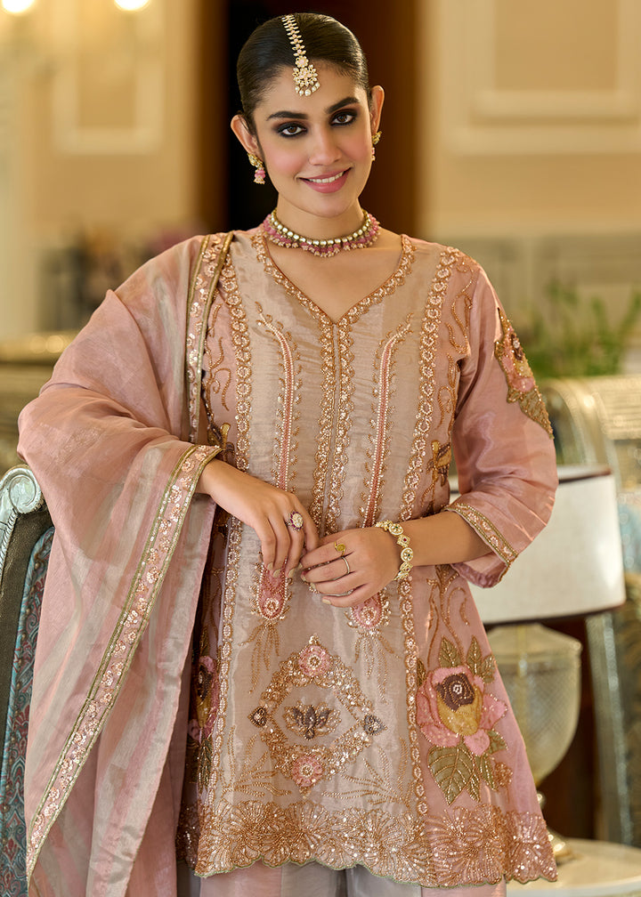 Dusty Rose Pink Viscose Kanjivaram Silk Palazzo Suit Set with Fine Embroidery