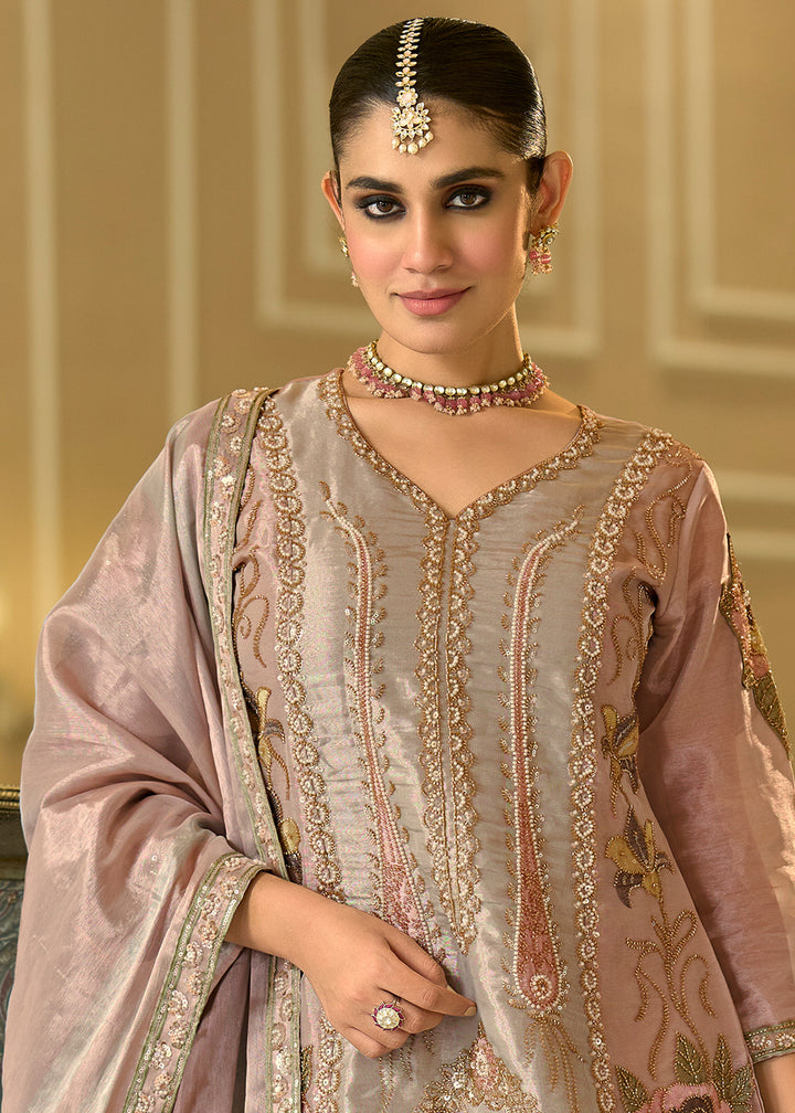 Dusty Rose Pink Viscose Kanjivaram Silk Palazzo Suit Set with Fine Embroidery