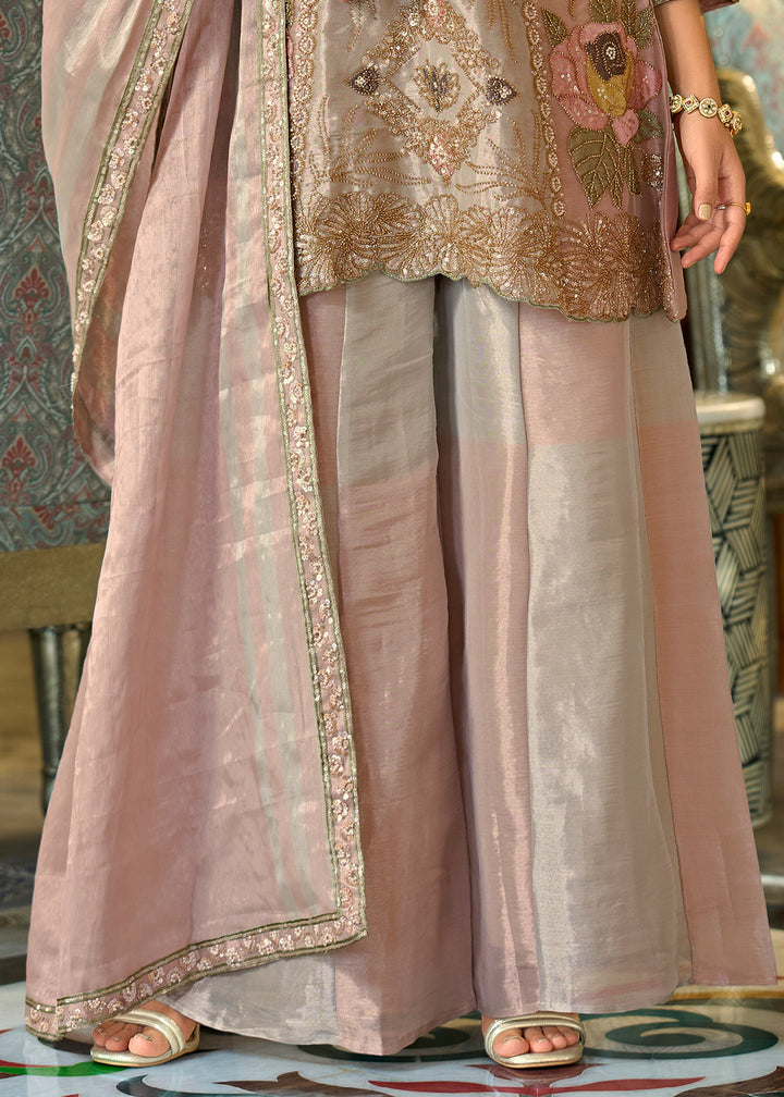Dusty Rose Pink Viscose Kanjivaram Silk Palazzo Suit Set with Fine Embroidery