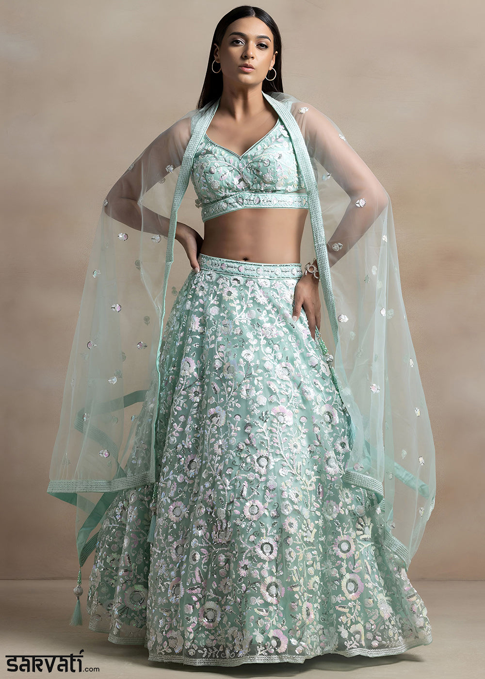 Mint Green Soft Net Lehenga Choli with Floral Sequin and Thread Embroidery