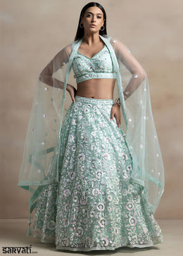 Mint Green Soft Net Lehenga Choli with Floral Sequin and Thread Embroidery