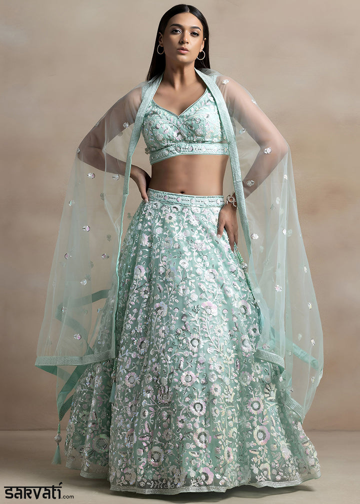 Mint Green Soft Net Lehenga Choli with Floral Sequin and Thread Embroidery