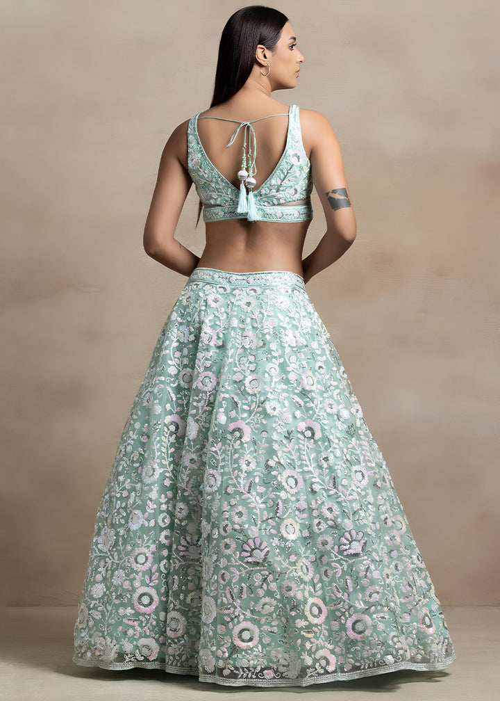 Mint Green Soft Net Lehenga Choli with Floral Sequin and Thread Embroidery