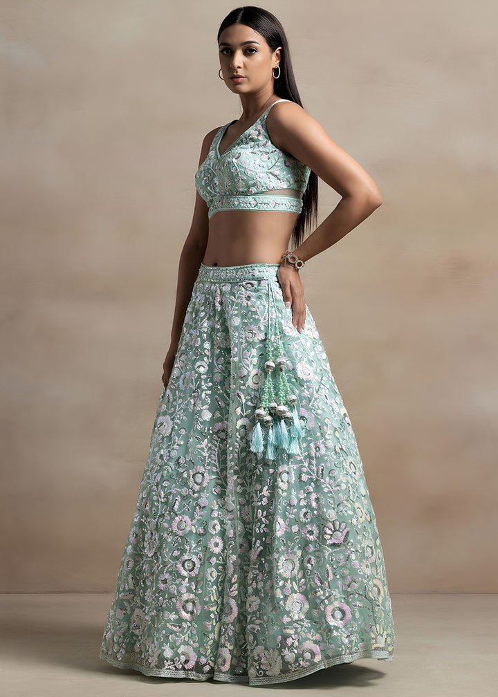 Mint Green Soft Net Lehenga Choli with Floral Sequin and Thread Embroidery