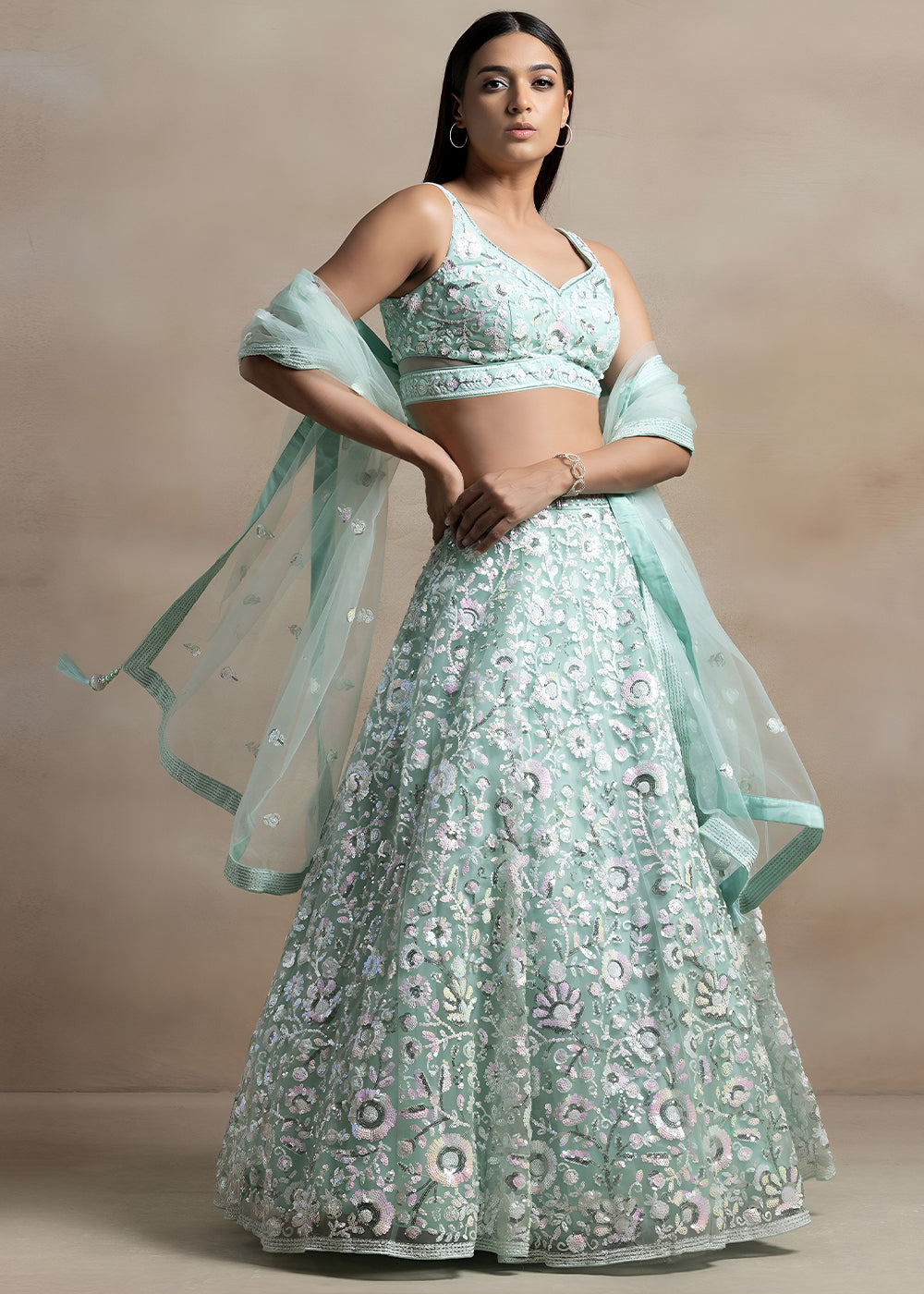 Mint Green Soft Net Lehenga Choli with Floral Sequin and Thread Embroidery