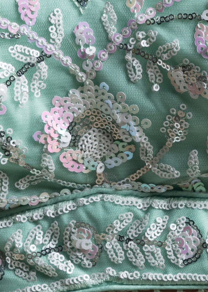 Mint Green Soft Net Lehenga Choli with Floral Sequin and Thread Embroidery