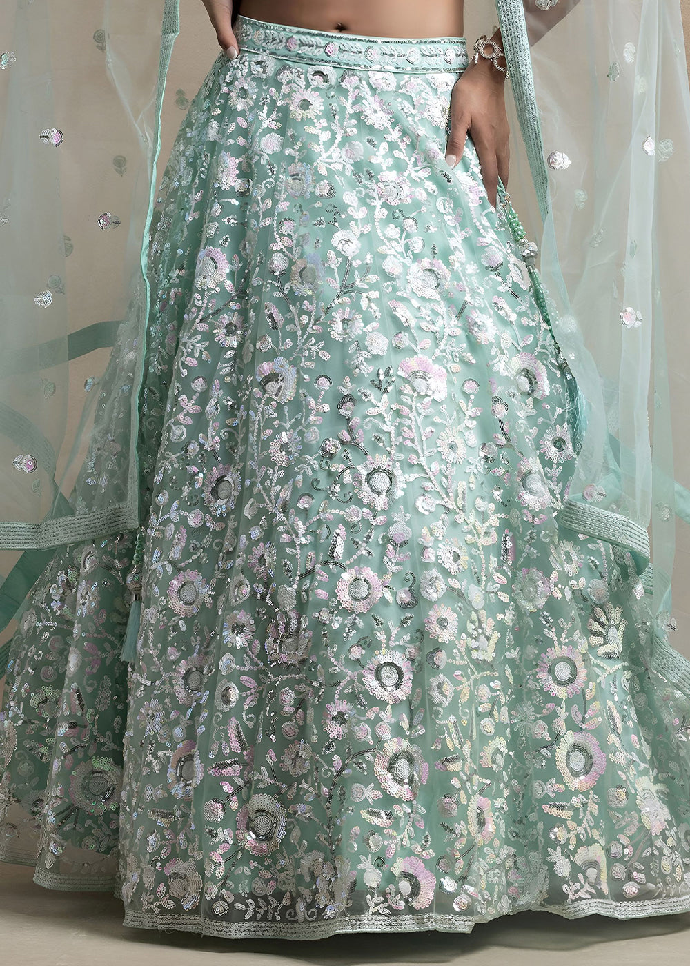 Mint Green Soft Net Lehenga Choli with Floral Sequin and Thread Embroidery