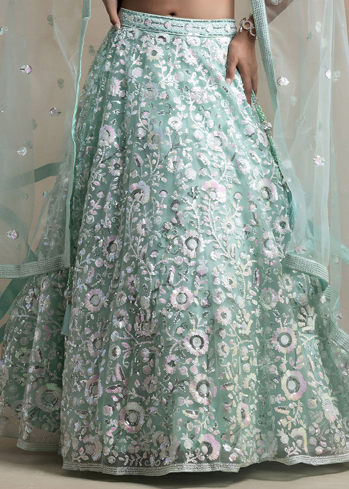Mint Green Soft Net Lehenga Choli with Floral Sequin and Thread Embroidery