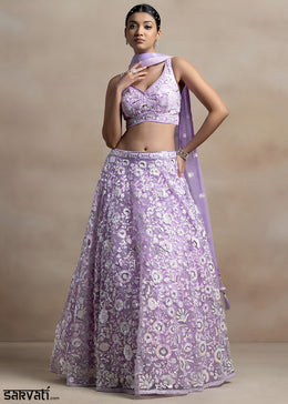 Lavender Purple Soft Net Lehenga Choli with Floral Sequin and Thread Embroidery