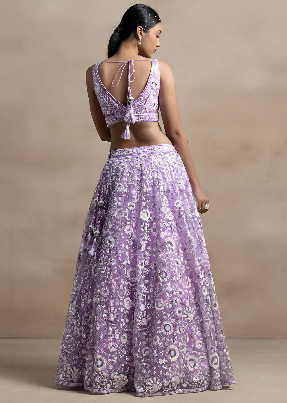 Lavender Purple Soft Net Lehenga Choli with Floral Sequin and Thread Embroidery