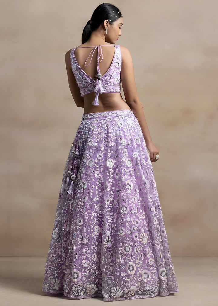 Lavender Purple Soft Net Lehenga Choli with Floral Sequin and Thread Embroidery