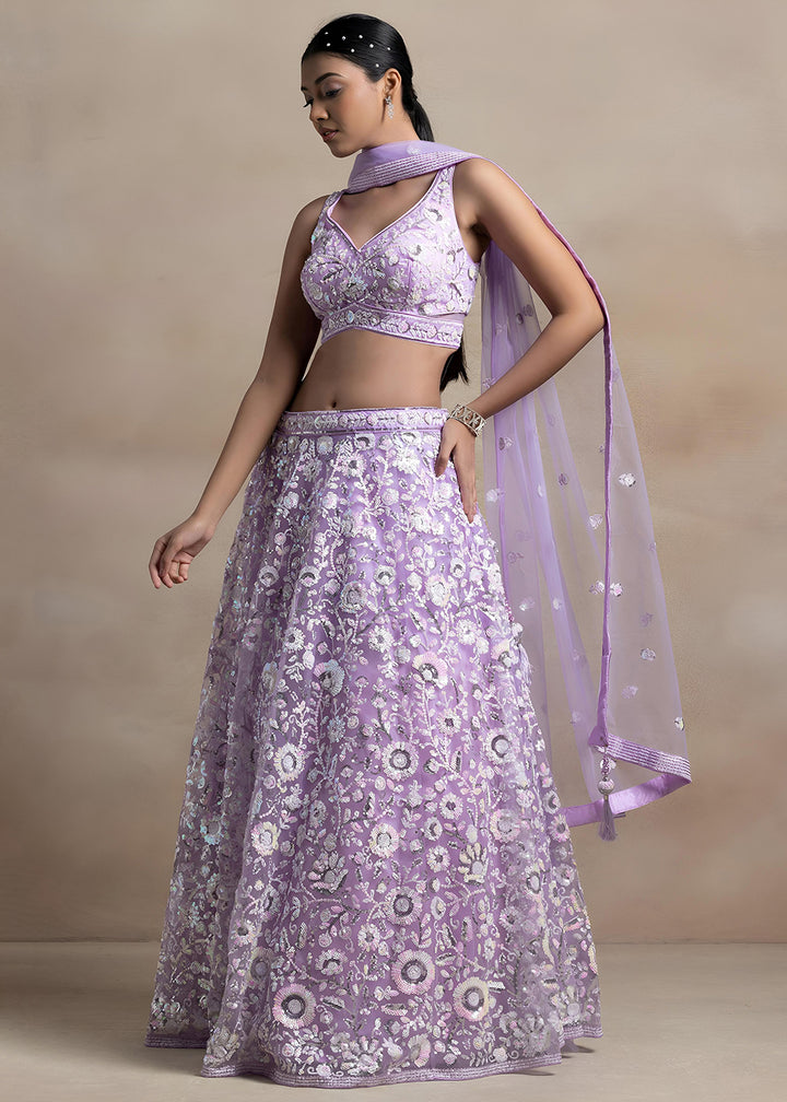Lavender Purple Soft Net Lehenga Choli with Floral Sequin and Thread Embroidery