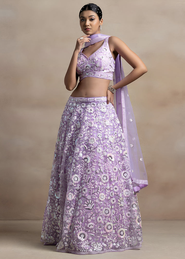 Lavender Purple Soft Net Lehenga Choli with Floral Sequin and Thread Embroidery