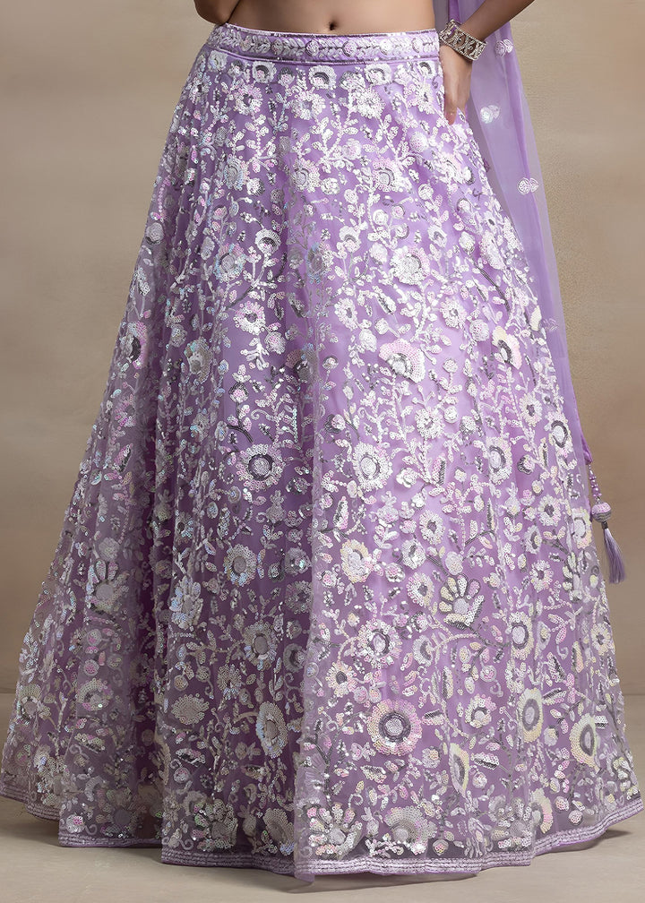 Lavender Purple Soft Net Lehenga Choli with Floral Sequin and Thread Embroidery