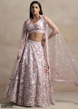 Dusty Rose Pink Soft Net Lehenga Choli with Floral Sequin and Thread Embroidery