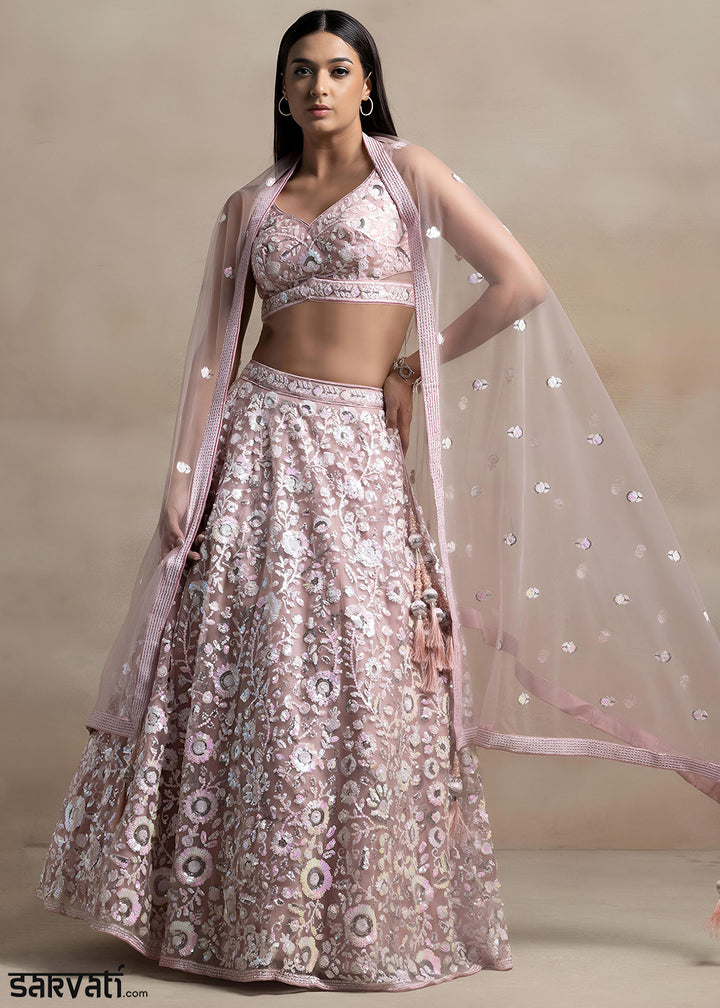 Dusty Rose Pink Soft Net Lehenga Choli with Floral Sequin and Thread Embroidery