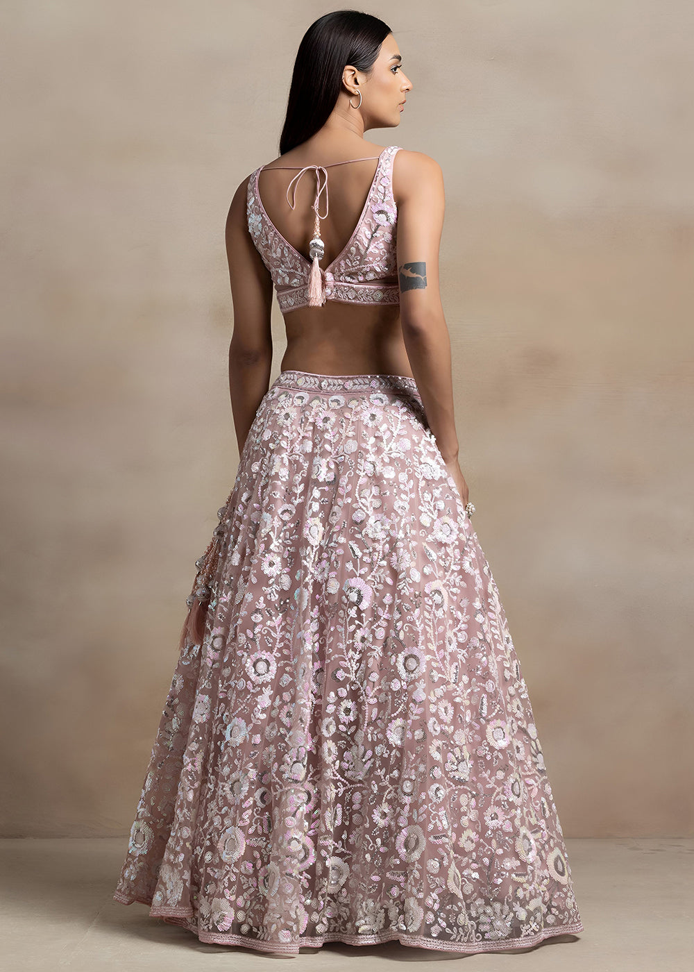 Dusty Rose Pink Soft Net Lehenga Choli with Floral Sequin and Thread Embroidery