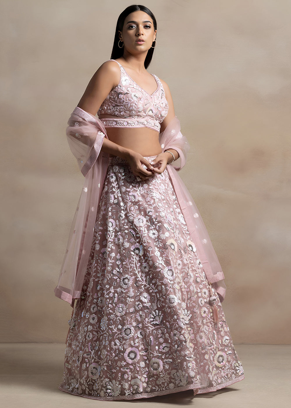 Dusty Rose Pink Soft Net Lehenga Choli with Floral Sequin and Thread Embroidery