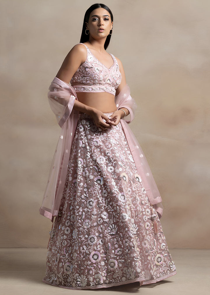 Dusty Rose Pink Soft Net Lehenga Choli with Floral Sequin and Thread Embroidery