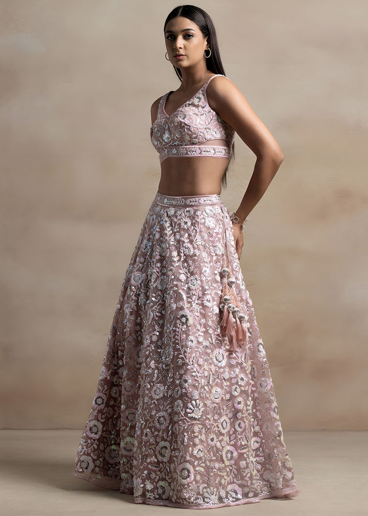 Dusty Rose Pink Soft Net Lehenga Choli with Floral Sequin and Thread Embroidery