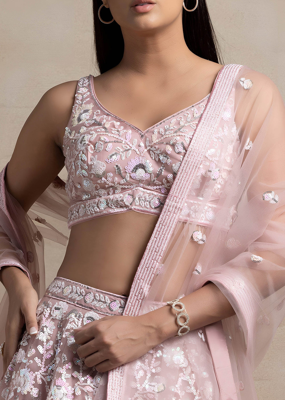 Dusty Rose Pink Soft Net Lehenga Choli with Floral Sequin and Thread Embroidery
