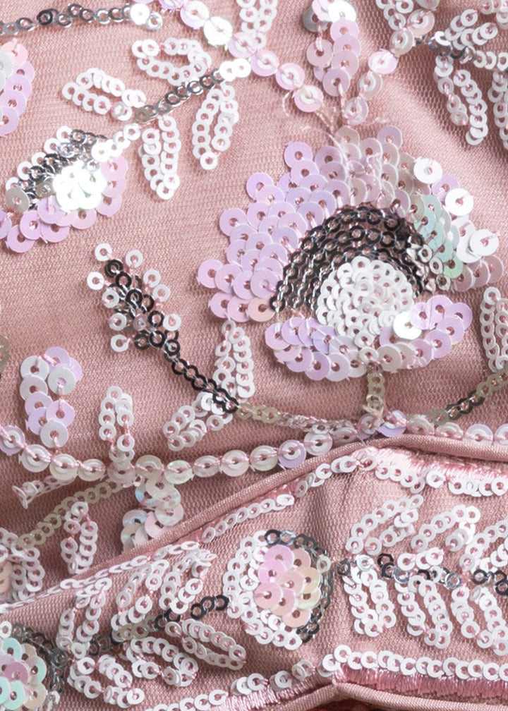 Dusty Rose Pink Soft Net Lehenga Choli with Floral Sequin and Thread Embroidery