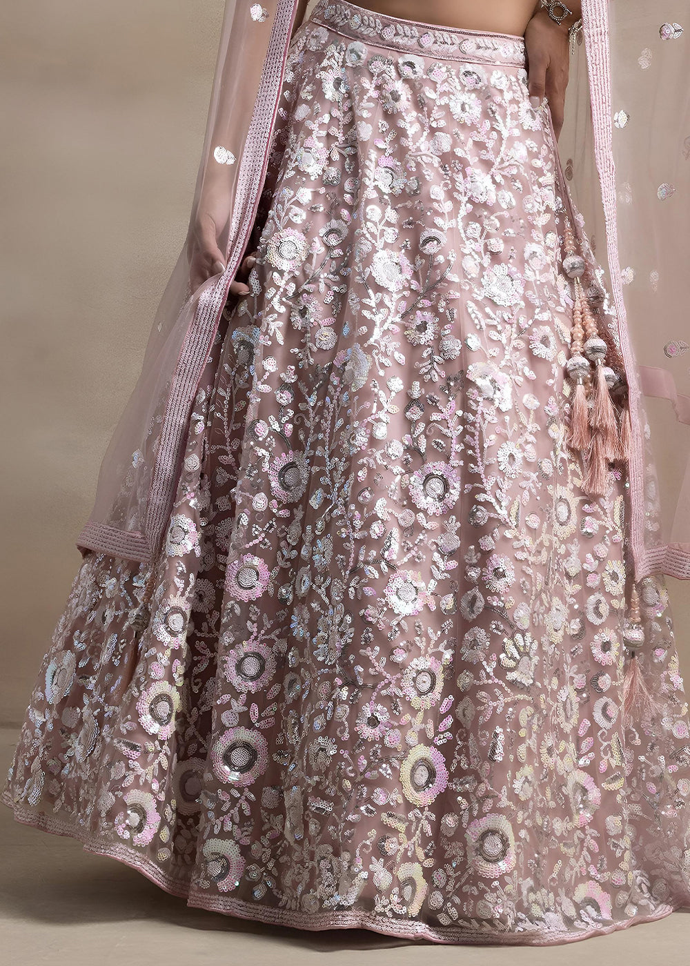 Dusty Rose Pink Soft Net Lehenga Choli with Floral Sequin and Thread Embroidery