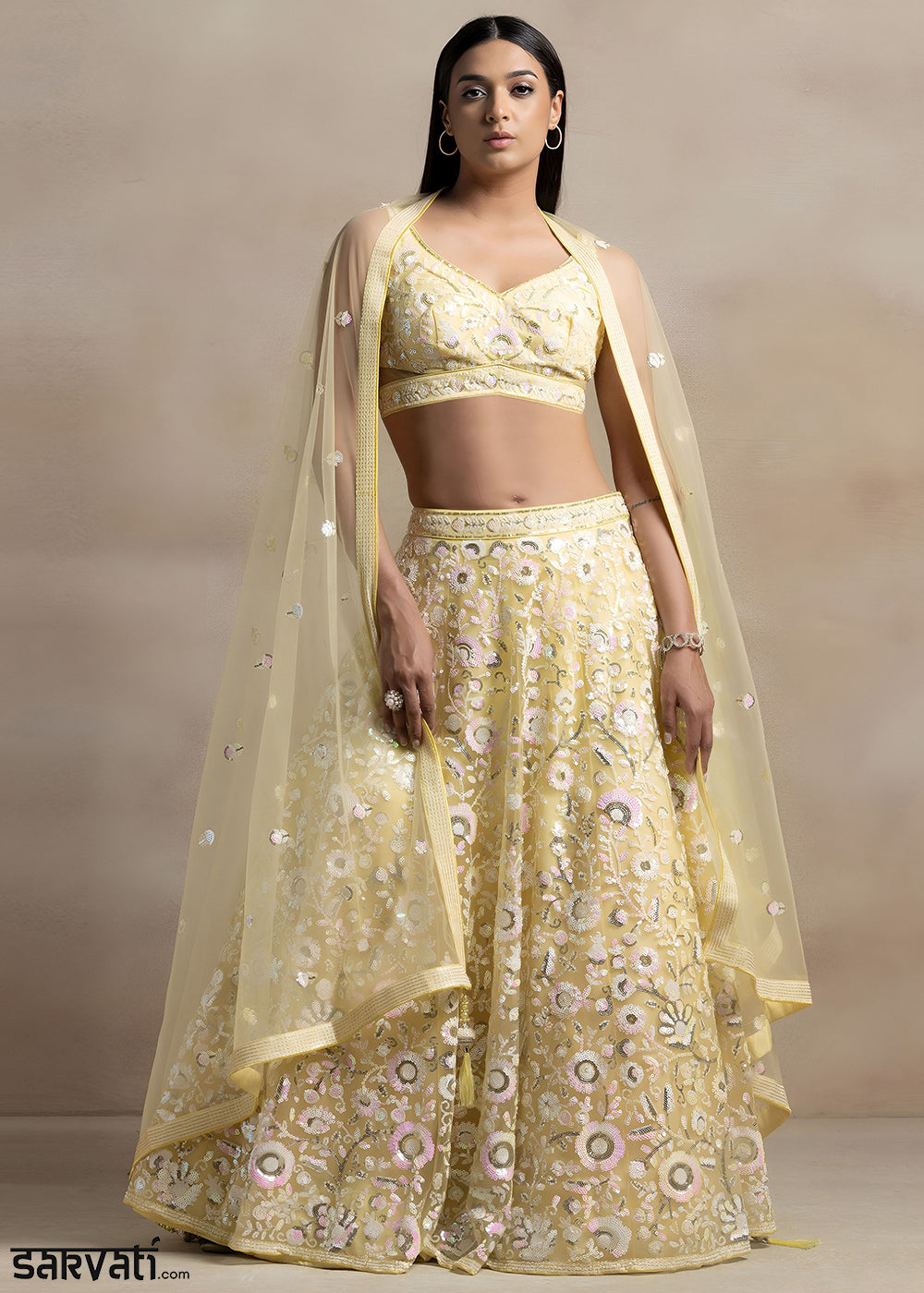 Butter Yellow Soft Net Lehenga Choli with Floral Sequin and Thread Embroidery