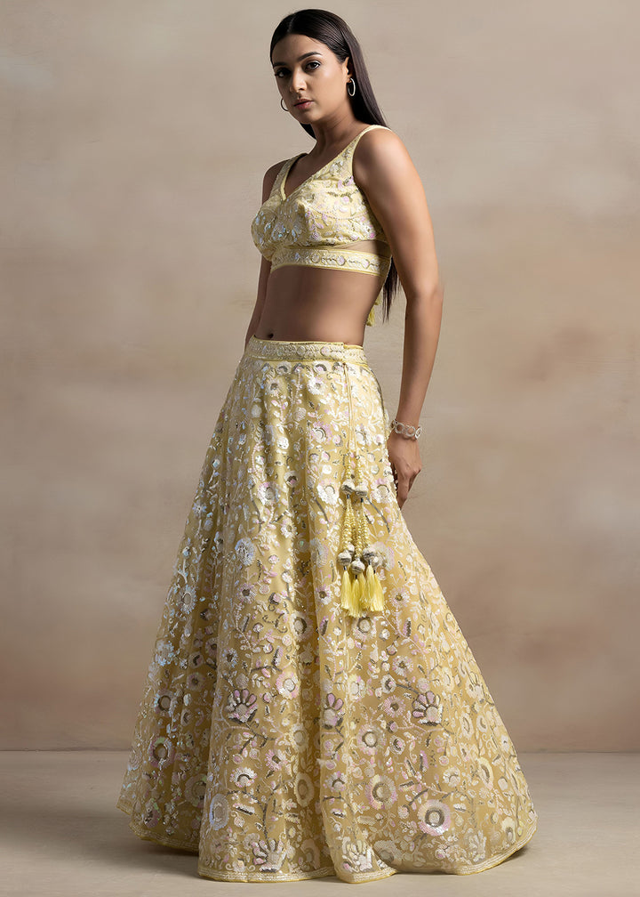 Butter Yellow Soft Net Lehenga Choli with Floral Sequin and Thread Embroidery