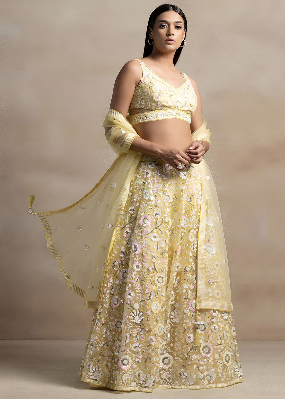 Butter Yellow Soft Net Lehenga Choli with Floral Sequin and Thread Embroidery