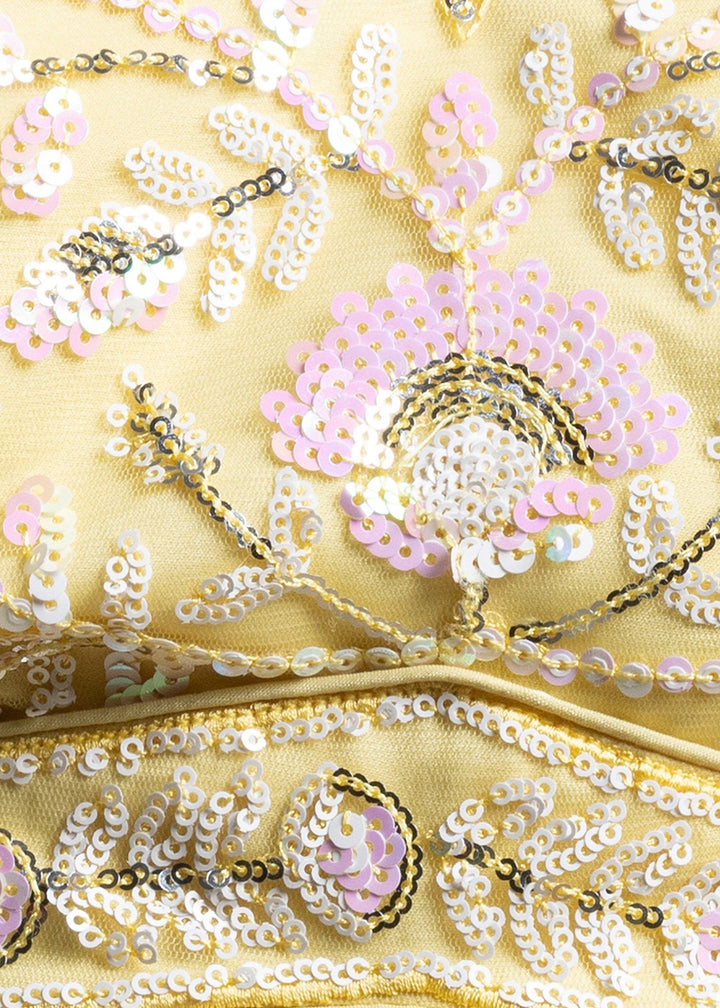 Butter Yellow Soft Net Lehenga Choli with Floral Sequin and Thread Embroidery