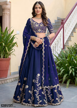 Navy Blue & Gold Embroidered Silk Lehenga with Zari, Dori and Sequin Work