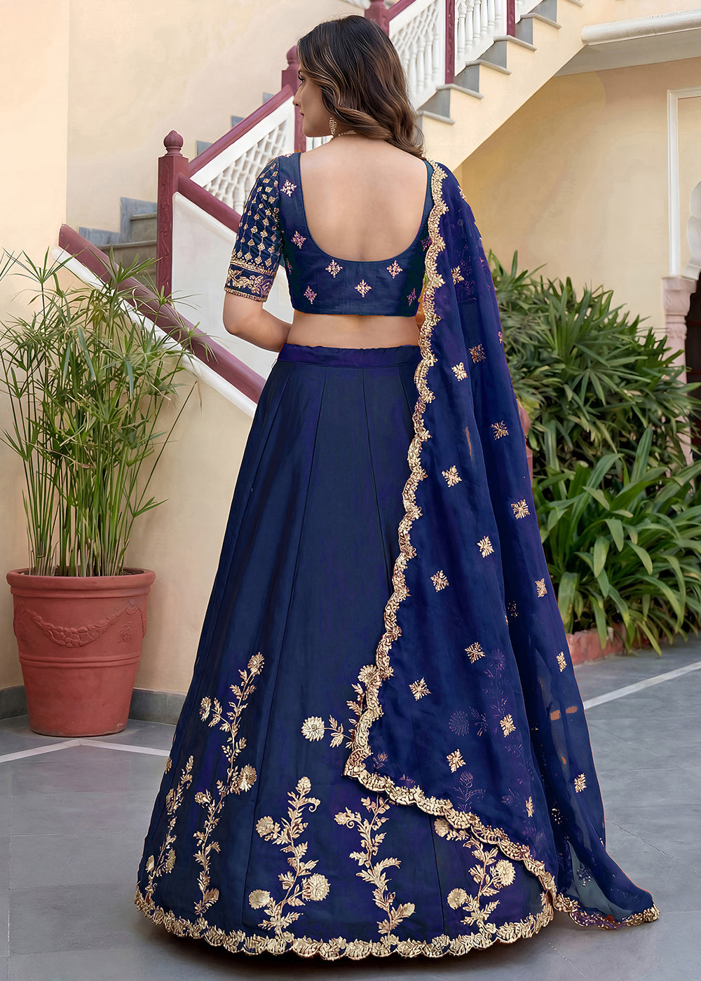 Navy Blue &amp; Gold Embroidered Silk Lehenga with Zari, Dori and Sequin Work