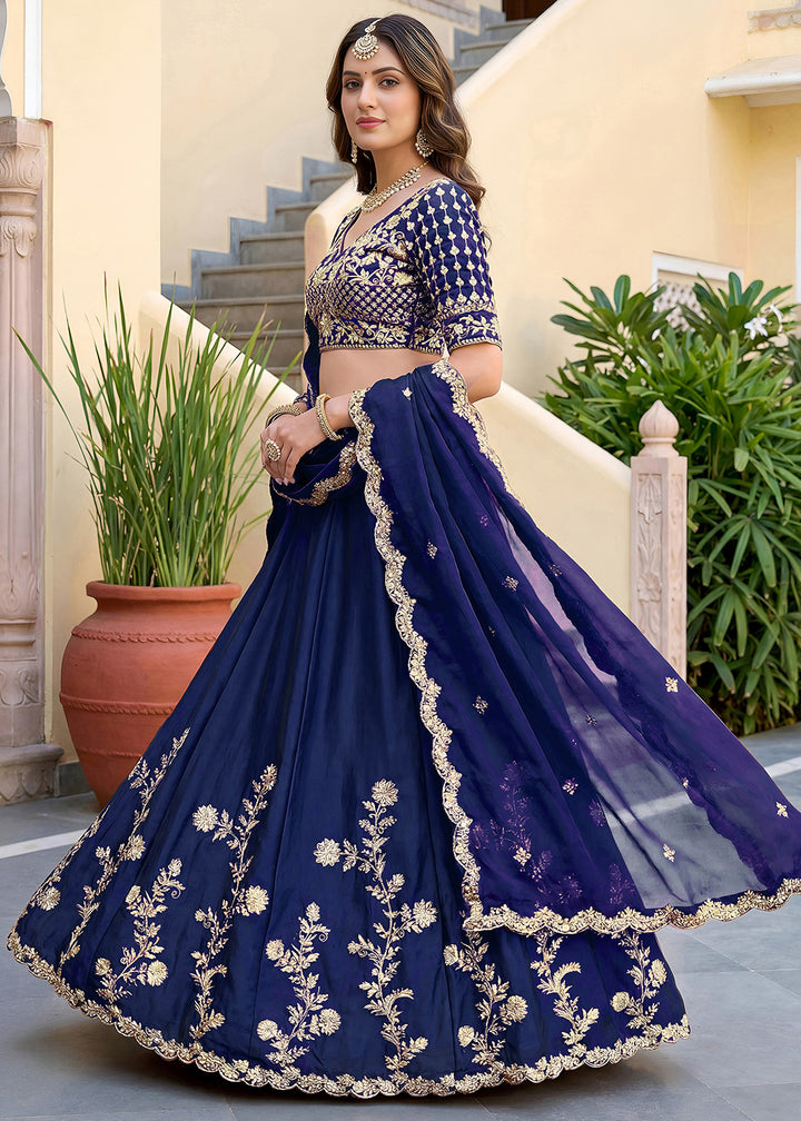 Navy Blue &amp; Gold Embroidered Silk Lehenga with Zari, Dori and Sequin Work
