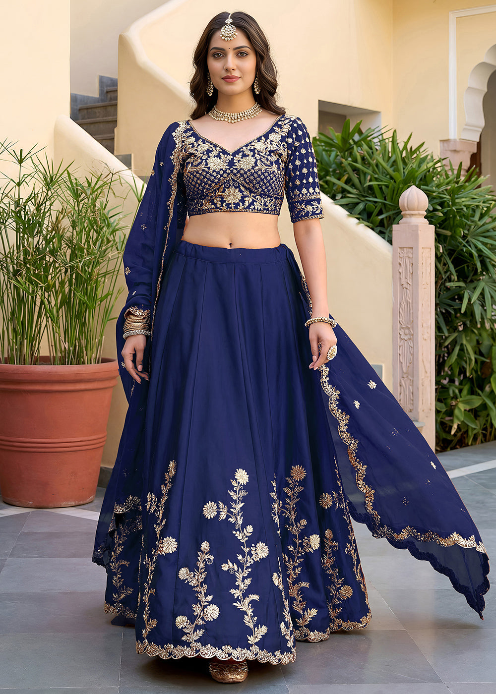 Navy Blue &amp; Gold Embroidered Silk Lehenga with Zari, Dori and Sequin Work