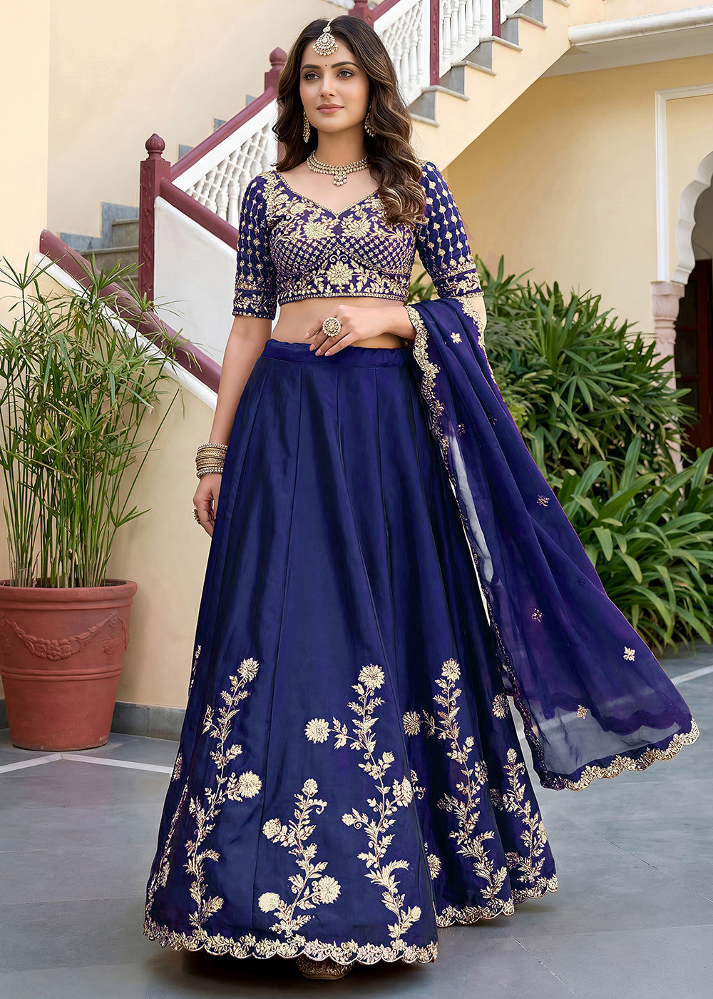 Navy Blue &amp; Gold Embroidered Silk Lehenga with Zari, Dori and Sequin Work