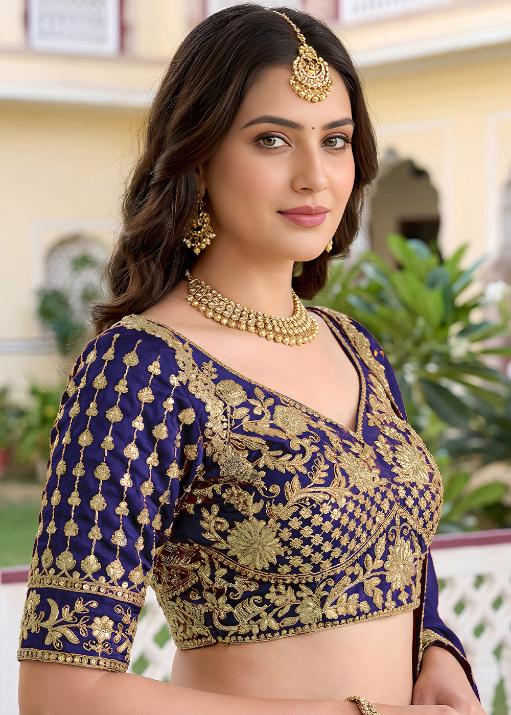 Navy Blue &amp; Gold Embroidered Silk Lehenga with Zari, Dori and Sequin Work