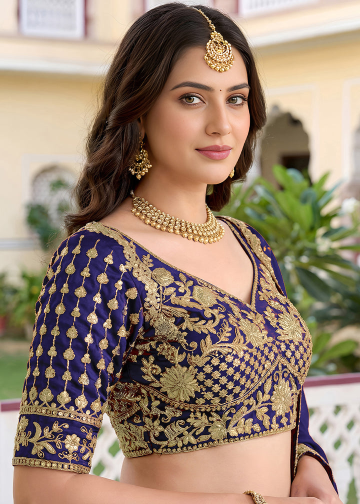 Navy Blue &amp; Gold Embroidered Silk Lehenga with Zari, Dori and Sequin Work