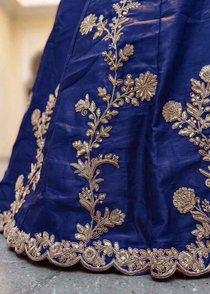 Navy Blue &amp; Gold Embroidered Silk Lehenga with Zari, Dori and Sequin Work