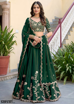 Emerald Green & Antique Gold Silk Lehenga Choli with Zari, Dori & Sequin Work